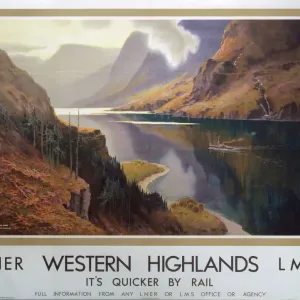 Western Highlands Print, a watercolour depiction of Loch Long with mountains and a boat Western Highlands Print, a watercolour depiction of Loch Long with mountains and a boat