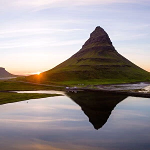 Aerial view of famous Kirkjufell mountain at sunset, Iceland