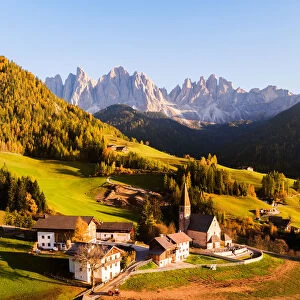 Aerial view of small town in autumn, Dolomites, Italy