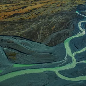 Aerial view, Tasman Glacial river, Mount Cook National Park, South Island of New Zealand