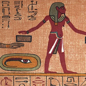 Ancient Egyptian, eye of horus, man holding hands over boxes, judgement