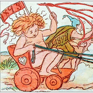 Antique children book illustrations: Bird powered cart