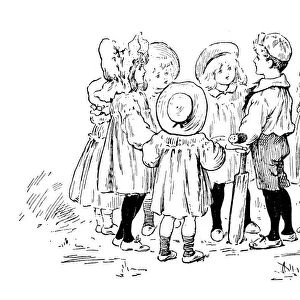 Antique childrens book comic illustration: children cricket match