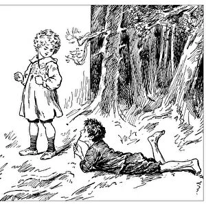 Antique childrens book comic illustration: children outdoors