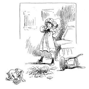 Antique childrens book comic illustration: dog breaking vase