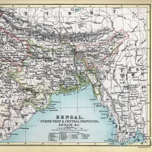 Antique map of Bengal, North West and Central Provinces, Assam, India, 1890s, Victorian 19th Century