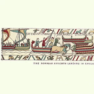 Bayeux Tapestry showing Norman knights landing in England, 1066
