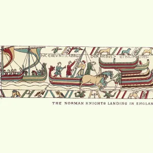 Bayeux Tapestry showing Norman knights landing in England, 1066