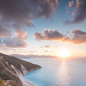Beautiful sunset over famous Myrtos beach. Kefalonia, Greek Islands, Greece