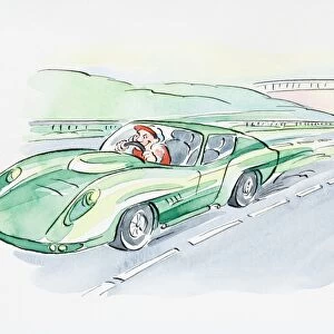 Cartoon of slow police car chasing laughing motorist speeding in sports car on road