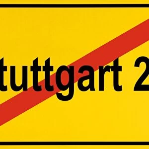 City limit sign, symbolic image, protest against the rail project Stuttgart 21