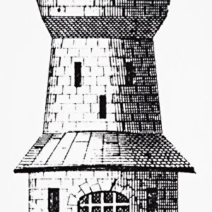 Crenelated castle tower with portcullis, line drawing