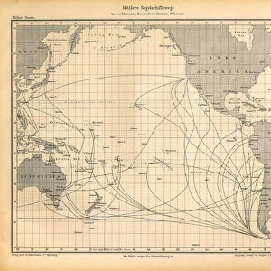 December, January and February Sailing Ship Routes Chart, Pacific Ocean, German Antique Victorian Engraving, 1896