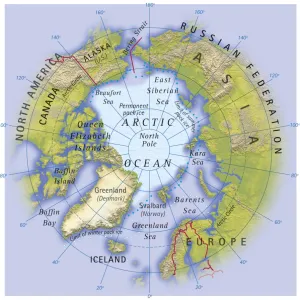 Digital illustration of map showing position of Arctic Ocean and surrounding continents