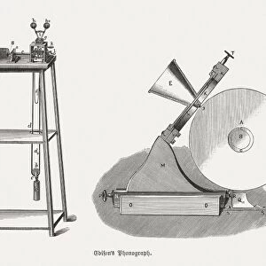 Edisons Phonograph from 1879, wood engravings, published in 1880