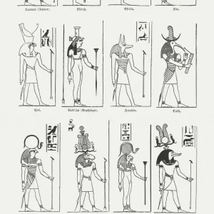 Egyptian gods and goddesses, wood engravings, published in 1880