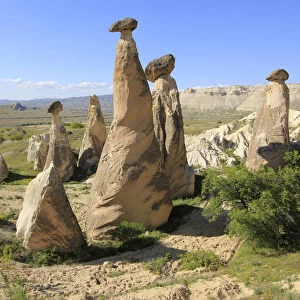 Fairy chimneys, rock formations of tufa near Cavushin, Goreme, Cappadocia, central Anatolia, Turkey