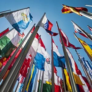 Flags on steel masts, flying in the wind, Munich, Upper Bavaria, Bavaria, Germany