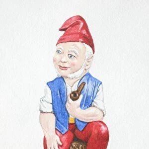 Garden gnome sitting down on tree stump and holding pipe, front view