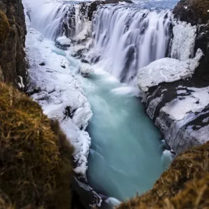 Gullfoss waterfall, with ice and stones, Vik, Iceland