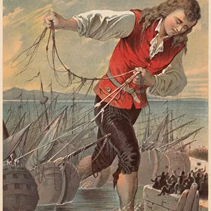 Gulliver captured the enemys fleet by the Blefuscudians, lithograph, c. 1880