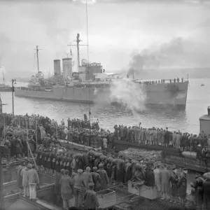 HMS Exeter Print: Damaged Warship at Plymouth, February 1940