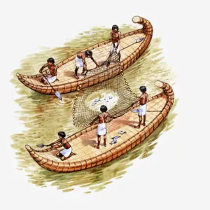 Illustration of two Ancient Egyptian fishing boats on the river Nile, side by side, linked together by net used to scoop up fish