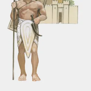 Illustration of ancient Egyptian soldier holding spear in front of building