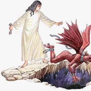 Illustration of angel looking on as red dragon with seven head disappears through hole in Earth
