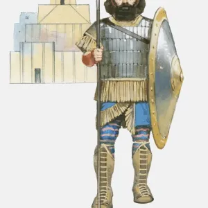 Illustration of Assyrian soldier holding spear and shield in front of building