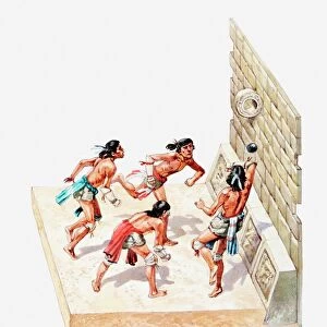 Illustration of Aztec game of Tlachtli on tlachco court
