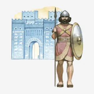 Illustration of Chaldean soldier with shield and spear standing in front of Babylons Ishtar Gate