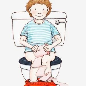 Illustration of child sitting on toilet holding roll of toilet paper