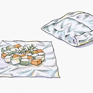 Illustration of chopped vegetables on foil and vegetables wrapped in foil parcel