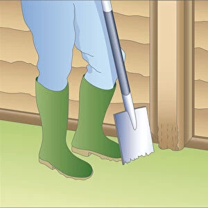 Illustration of digging hole in grass near base of rotten fence post using spade