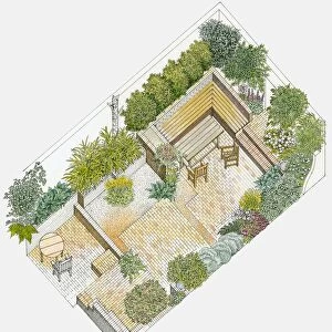 Illustration of a garden containing paved and gravelled areas, tables, chairs and benches, surrounded by plants