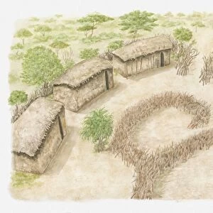 Illustration of a Manyatta where a Msai family would live