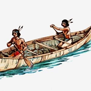 Illustration of Native Americans rowing bark canoe