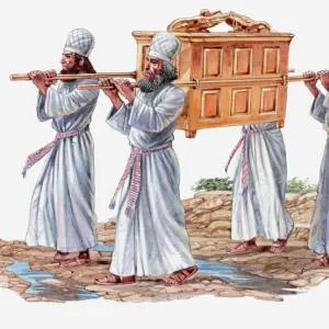 Illustration of four priests carrying the Ark of the Covenant and crossing the River Jordan