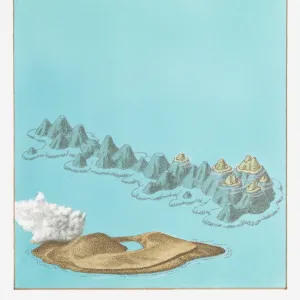 Illustration of volcanic island of Surtsey (belonging to Iceland) and Hawaiian Islands chain