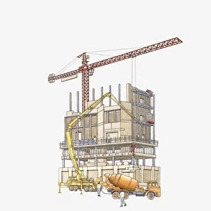 Illustration of workers using crane, cement mixer, and cement pump on construction site