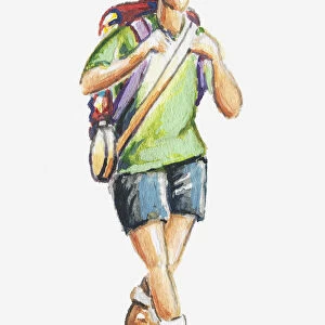 Illustration of young man carrying rucksack and canteen