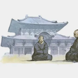 Illustration of Zen Buddhist monks kneeling in courtyard outside temple