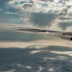 Inflight view of a British Aerospace Concorde SST (Supersonic Transport) in a dramatic sunset sky