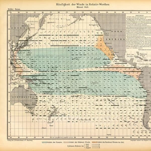 July Frequency of Winds in Relative Values Chart, Pacific Ocean, German Antique Victorian Engraving, 1896