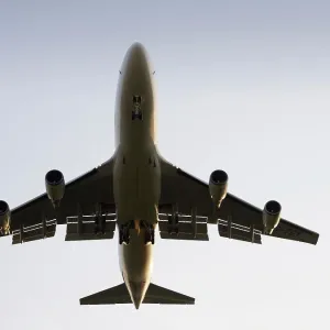 Jumbo Jet Boeing 747 viewed from below on landing approach, Frankfurt Airport, Frankfurt am Main, Hesse, Germany