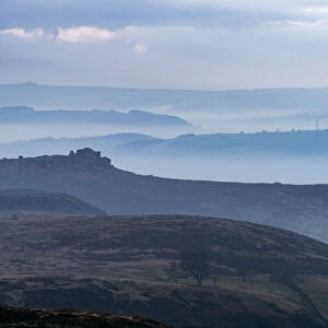 Layers of hills in the mist, Peak District National park, UK