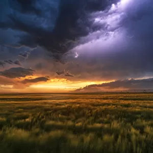 Lightning and storm cloud at sunset, Nebraska. USA
