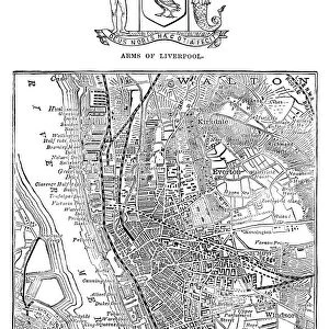 Map and Arms of Liverpool (Victorian engraving)