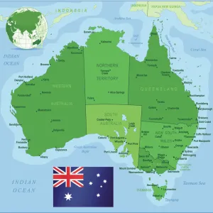 Map of Australia with states, cities and flag